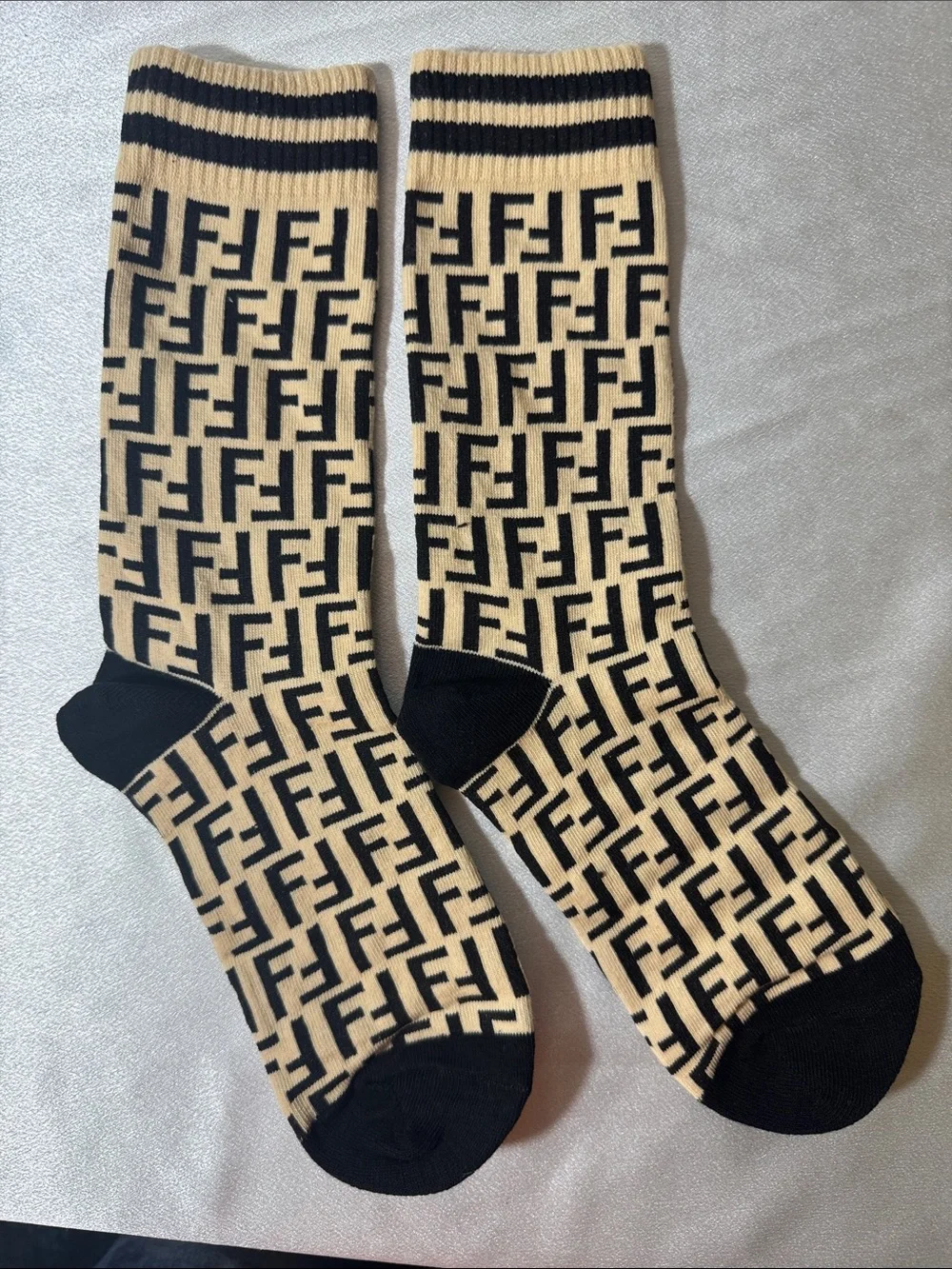 New! Fendi Beige and Black FF Logo Crew Socks